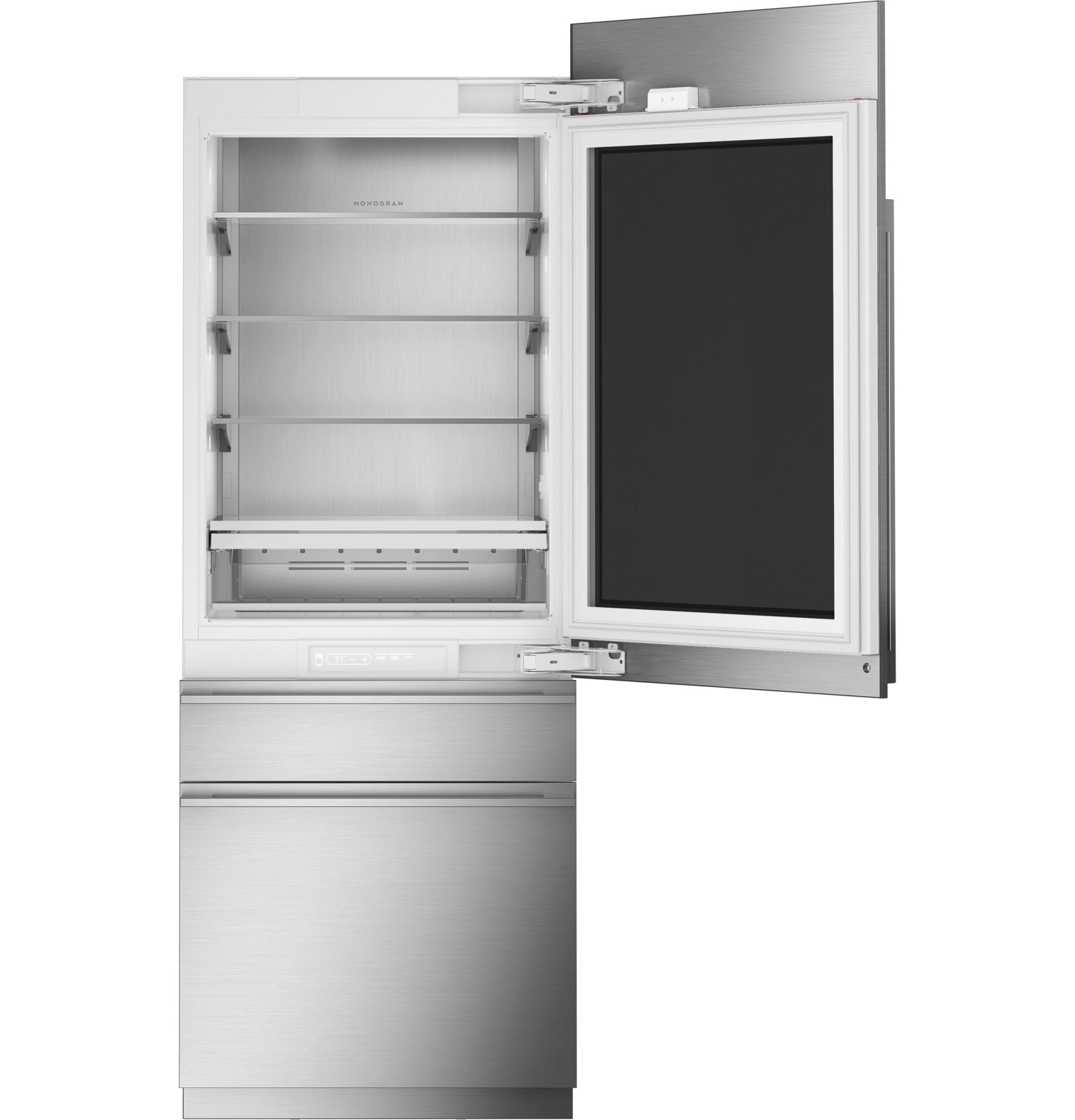 Panel-ready integrated glass-door refrigerator with open door revealing adjustable shelving and bottom freezer drawer in appliances collection