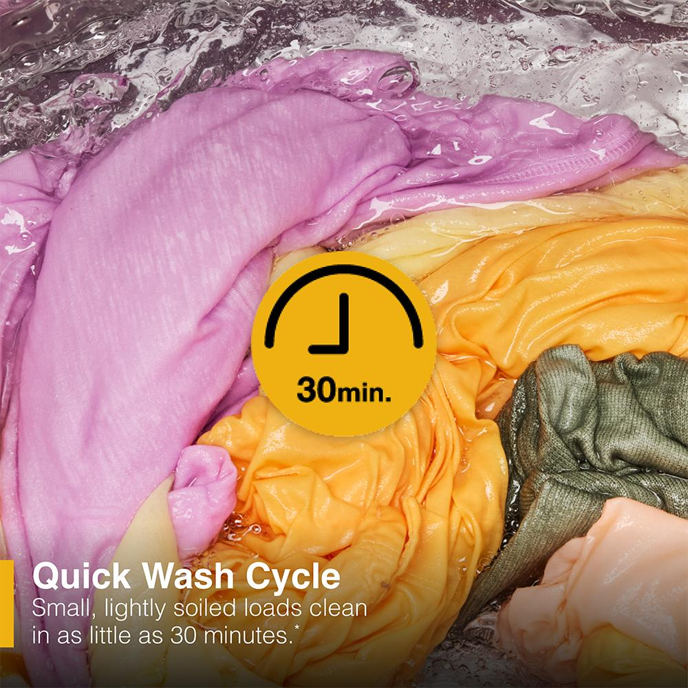 Colorful clothes soaking in water during a quick wash cycle for light soil in a top load washer from appliance collection