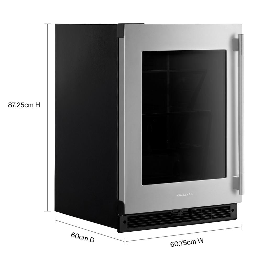 Compact undercounter refrigerator with stainless steel frame, glass door, and cooling vent, suitable for kitchen appliances collection