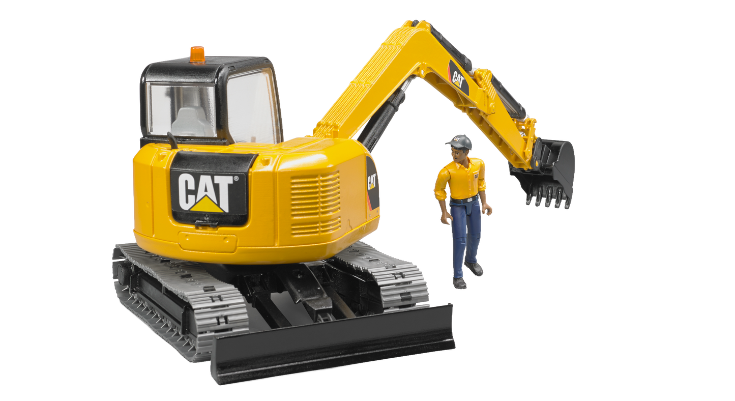 Yellow Bruder Cat mini excavator toy with articulated arm and worker figure in Vehicles & Remote Controlled Toys collection