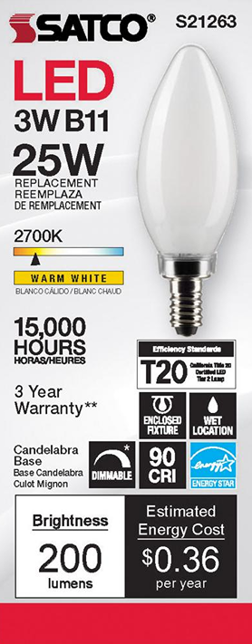 White frosted LED bulb with candelabra base, warm white light, energy-efficient and suitable for damp locations