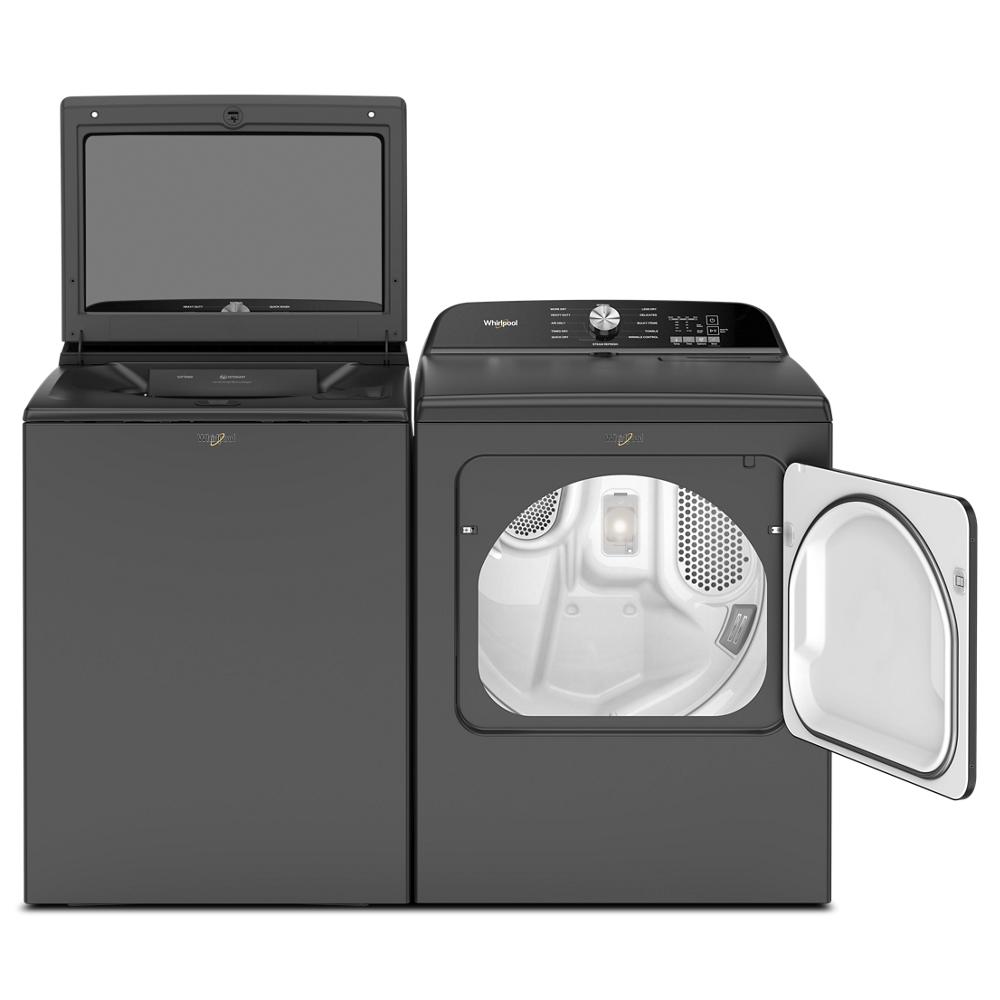 Black Whirlpool top load washer with removable agitator paired with matching front load dryer for home improvement laundry tasks