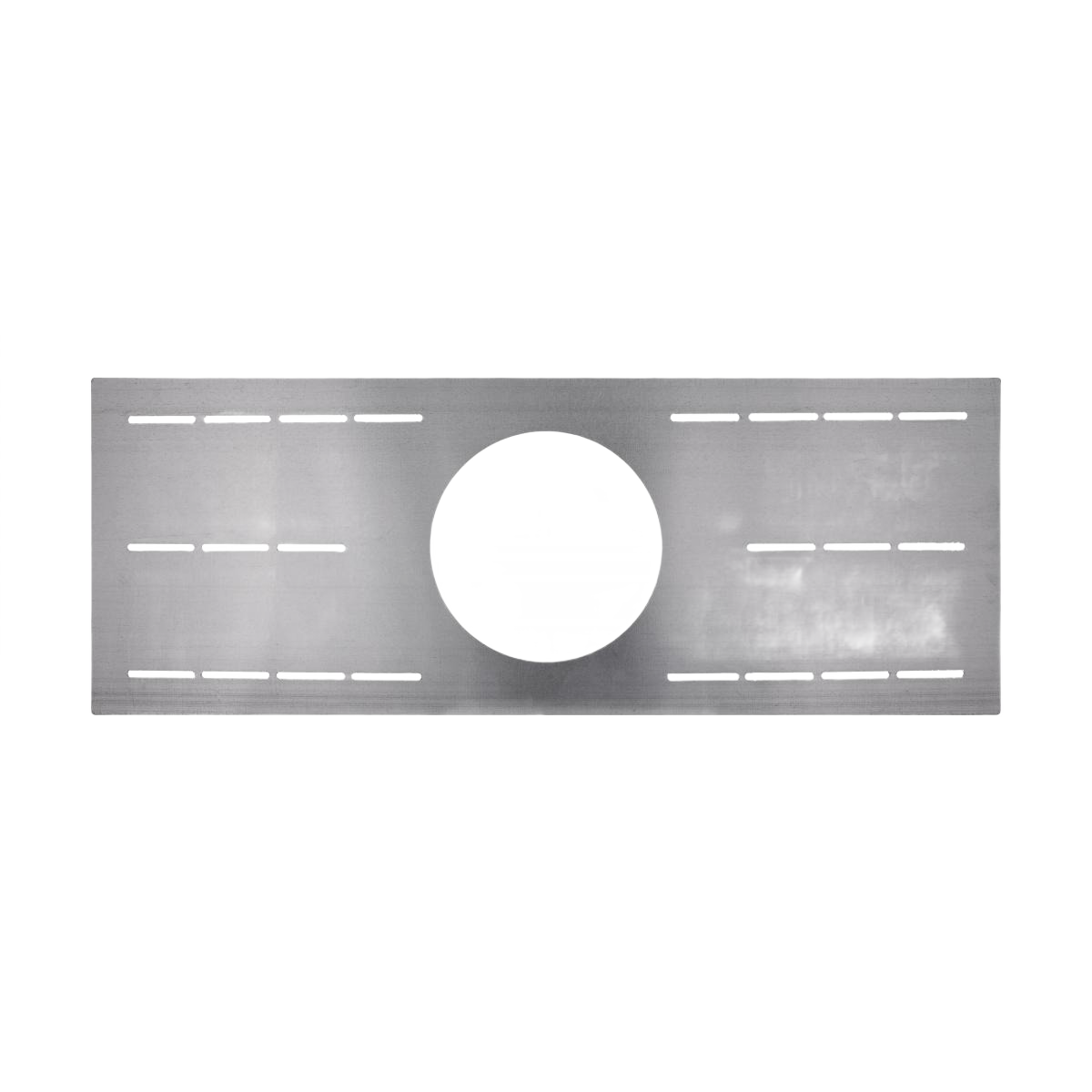 Rectangular metal mounting plate with center hole and multiple slots for recessed lighting installation in electrical projects