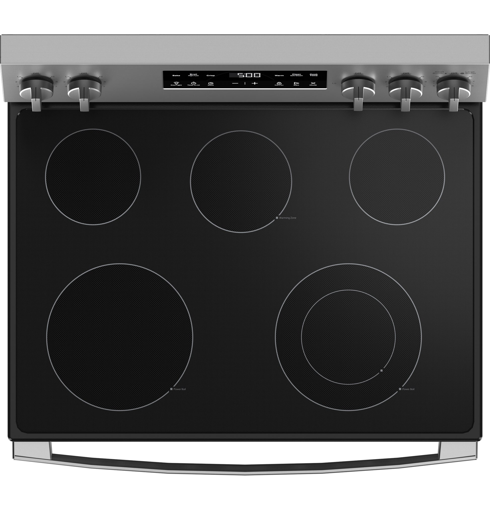 Stainless steel and black glass electric range with five radiant cooking elements and digital control panel for kitchens and appliances