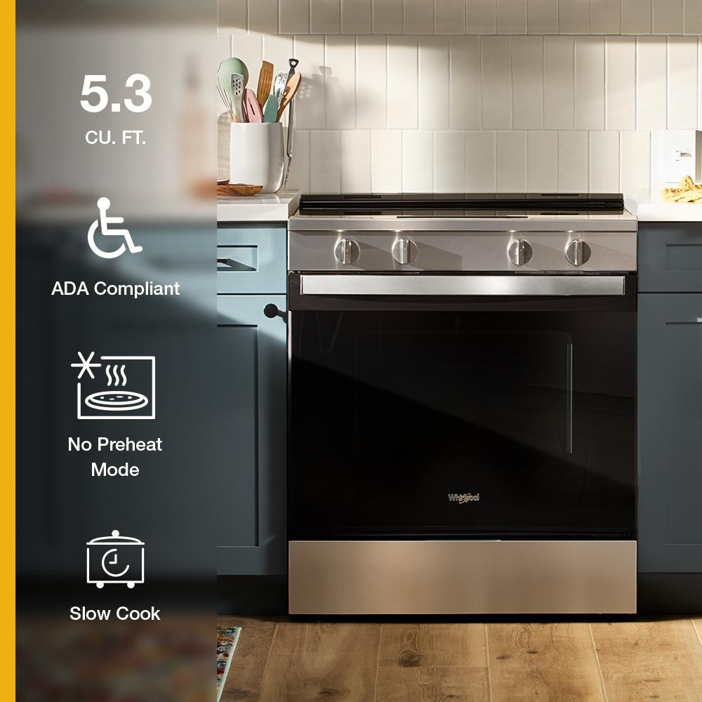 Modern stainless steel electric range with control knobs, smooth cooktop, and kitchen utensils on countertop