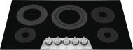 Black smooth surface electric cooktop with five circular heating elements and front control knobs from cooktops collection