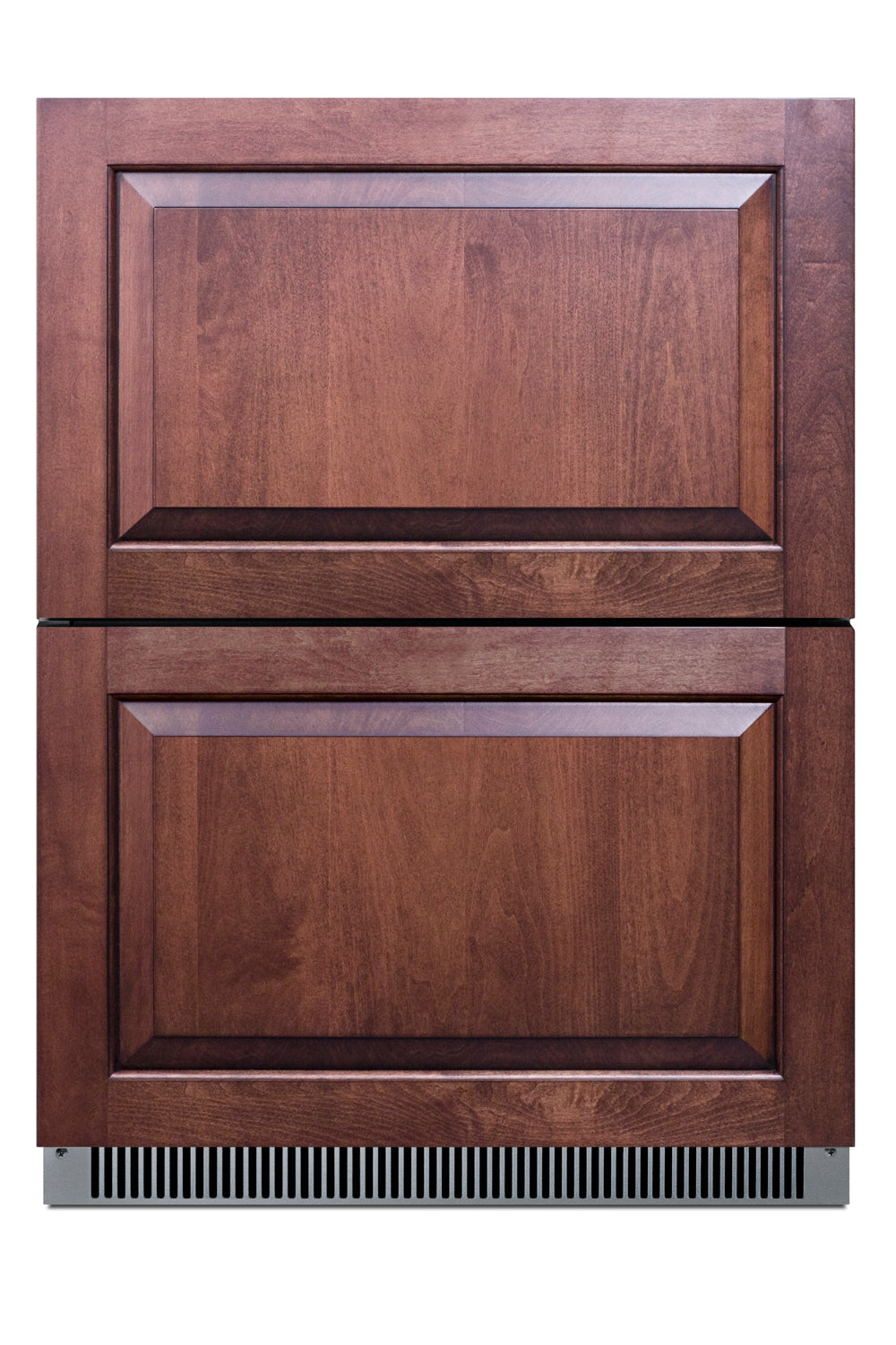 Two-drawer all-freezer with wood-paneled drawer fronts and stainless steel vent, fits indoor or outdoor kitchens.