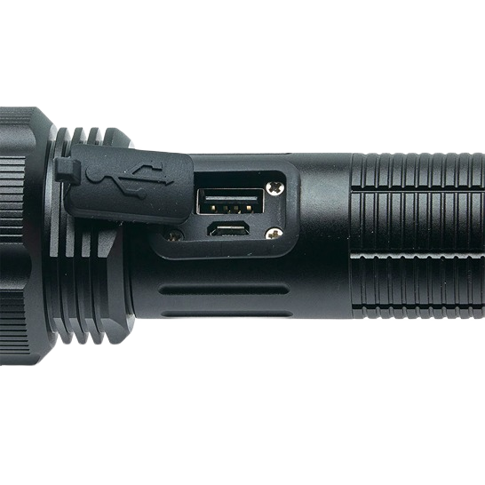 Close-up of black tactical flashlight featuring USB and micro USB charging ports for tool and home use