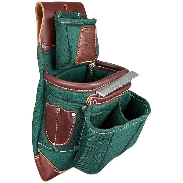 Green canvas and leather fastener bag with reinforced lip and multiple pockets for woodworking and tool storage collections