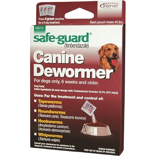 Package of canine dewormer with dosage pouches designed for treating common dog intestinal parasites