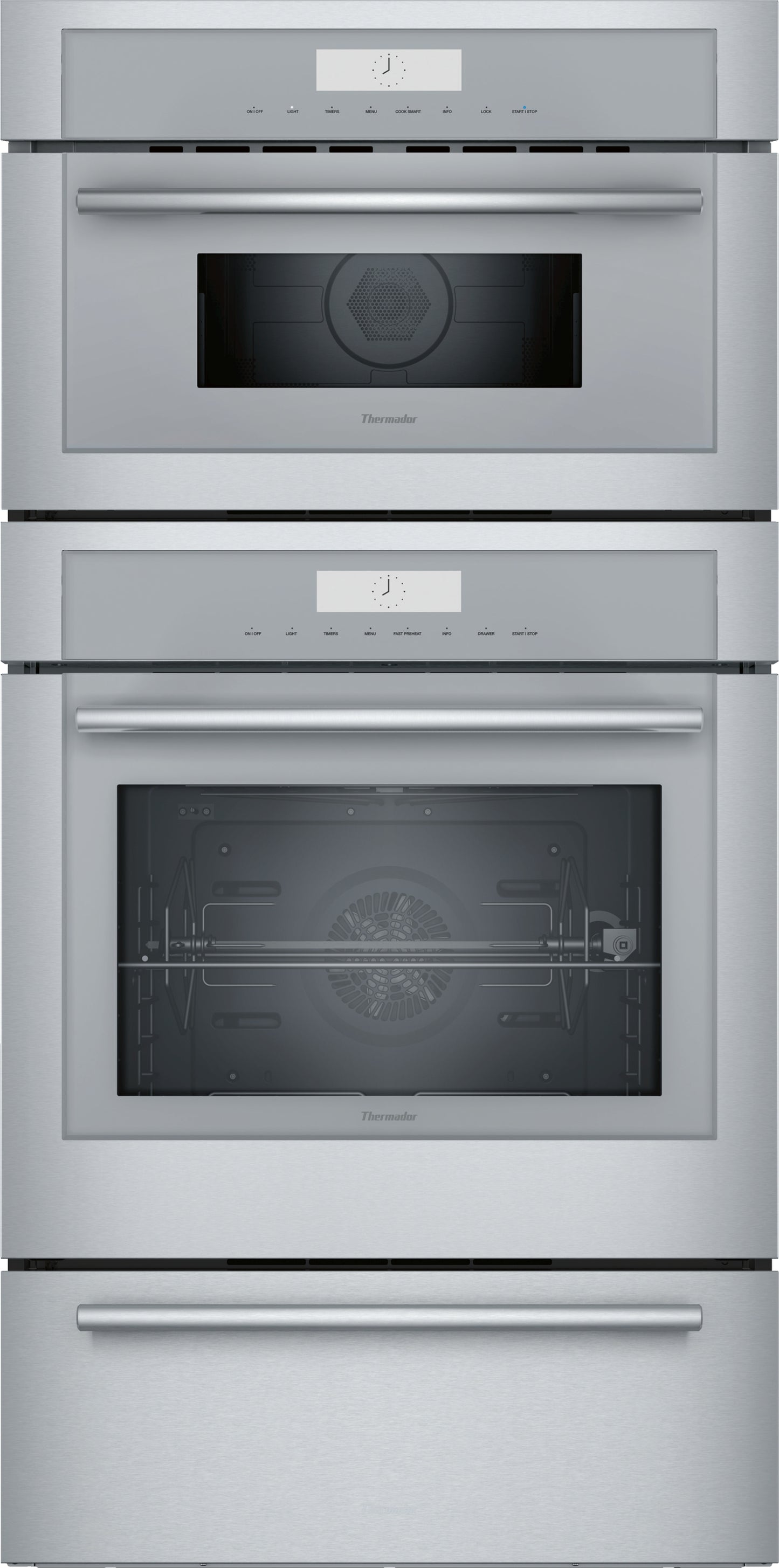 Stacked stainless steel triple speed wall oven with digital display and rotisserie feature from Thermador Appliances collection