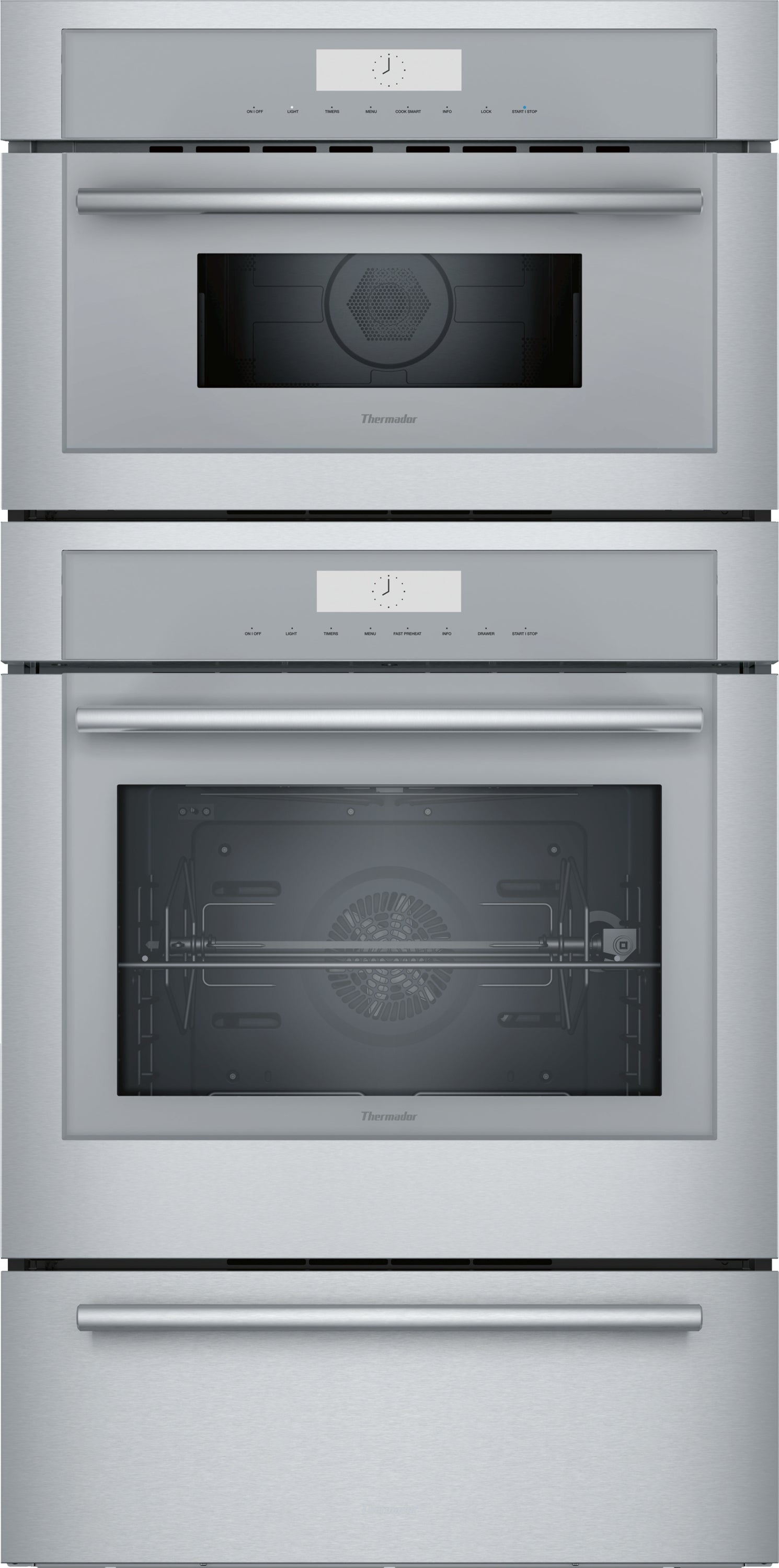 Stacked stainless steel triple speed wall oven with digital display and rotisserie feature from Thermador Appliances collection