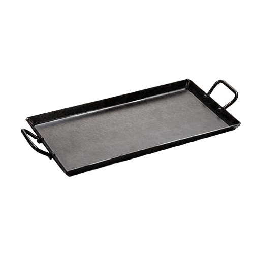 Rectangular cast iron griddle with black finish and handles, ideal for kitchenware and cooking tasks under $100