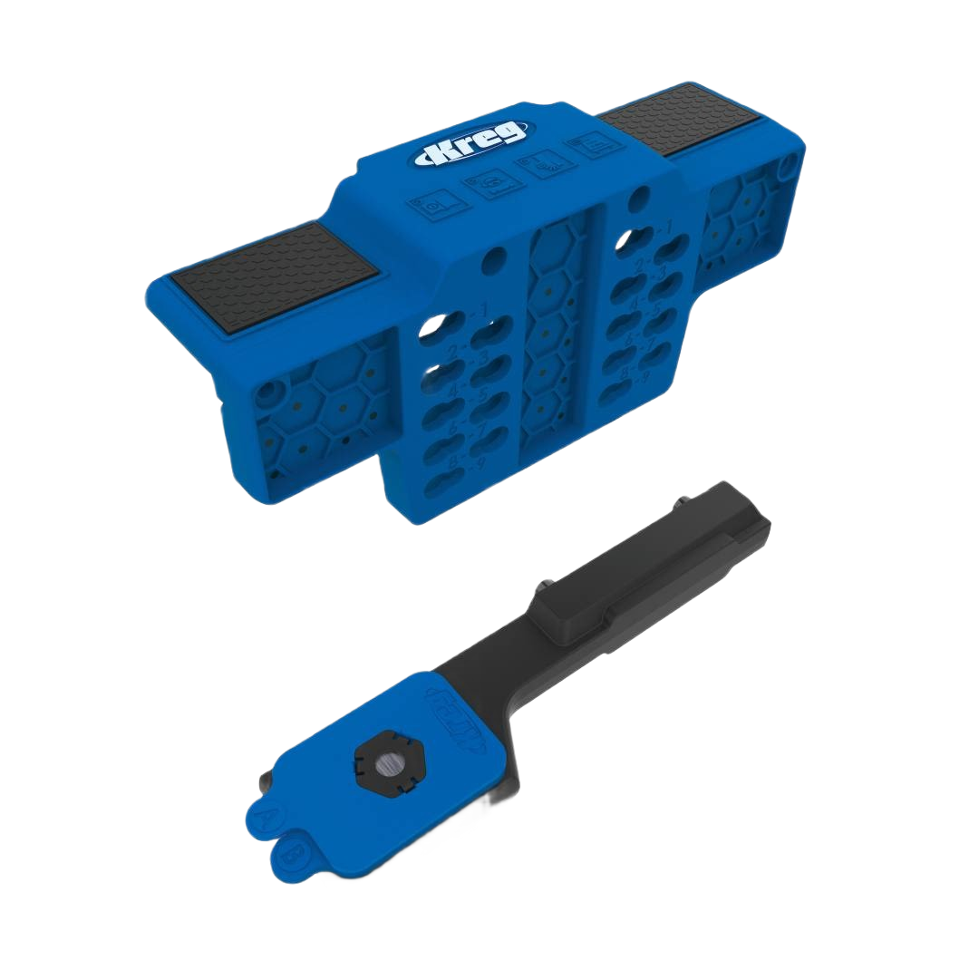 Blue cabinet door mounting jig with textured grips and adjustable holes for precise woodworking tool accessory setups