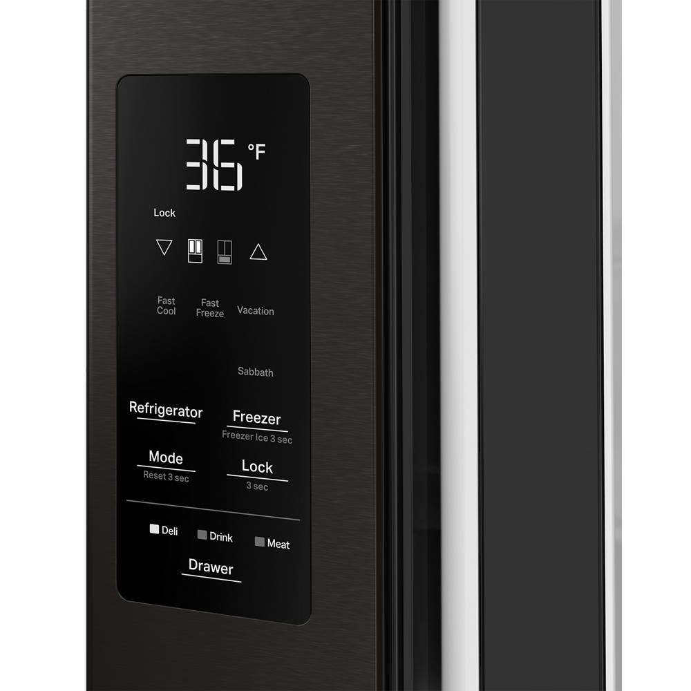 Close-up of digital control panel on black French door refrigerator showing temperature settings and mode options
