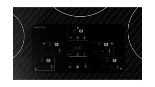 Black induction cooktop with digital touch controls and multiple cooking zones for home improvement and kitchen use