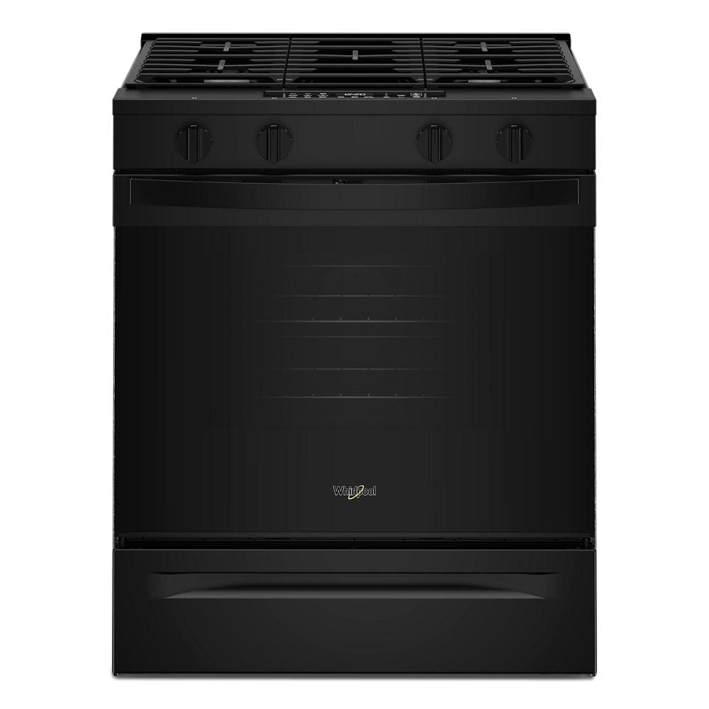 Front view of a sleek black 30-inch gas range with four control knobs and a spacious oven door, ideal for gas ranges and kitchenware collections.