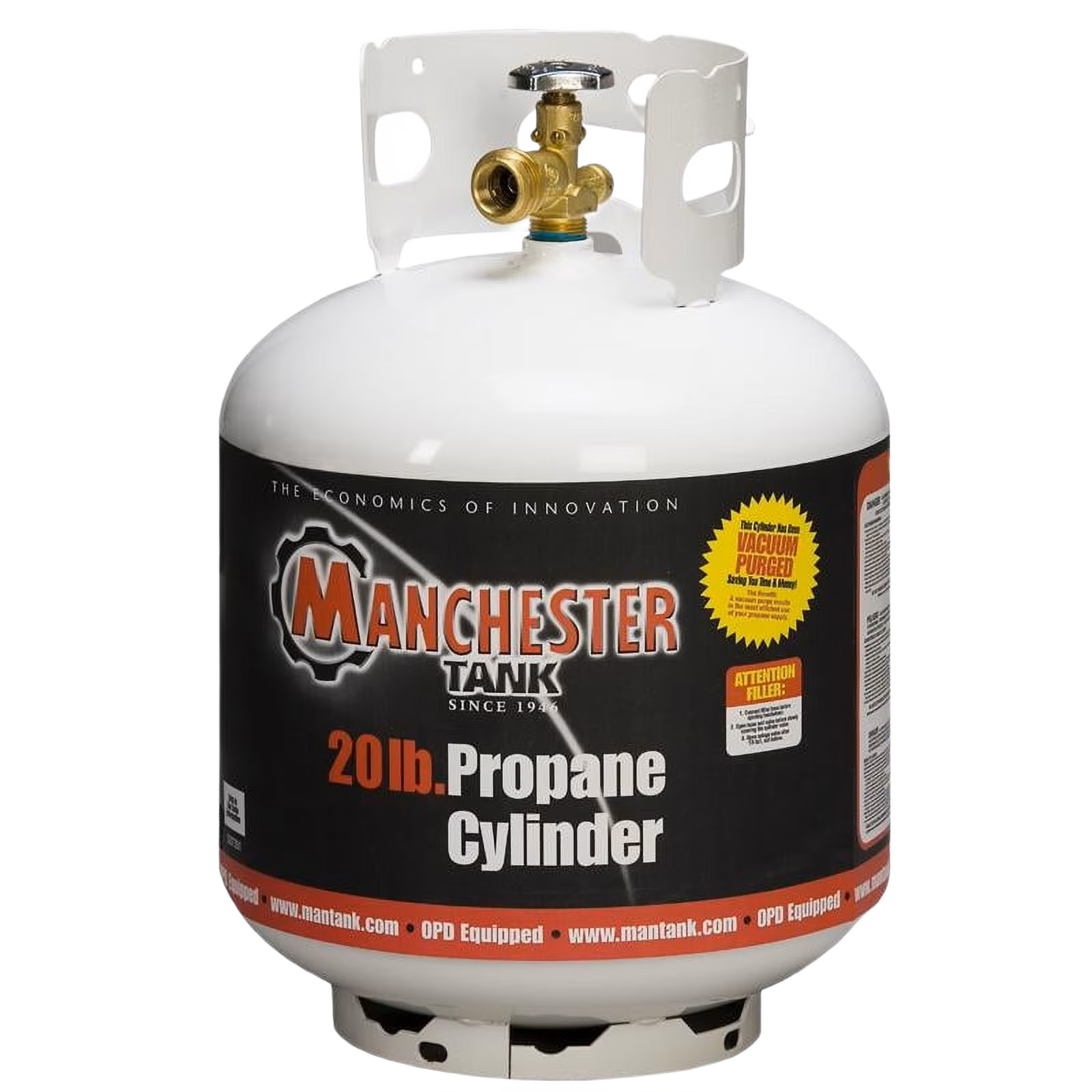 White steel 20 lb propane cylinder with valve, suitable for outdoor cooking and grilling accessories collections