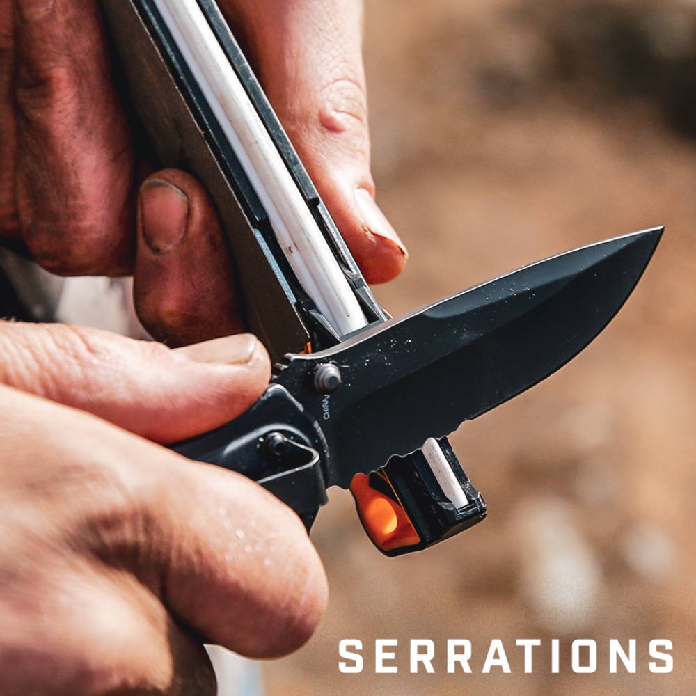 Hands using a compact guided sharpener to refine a serrated black blade in hand tools and kitchen gadgets collections
