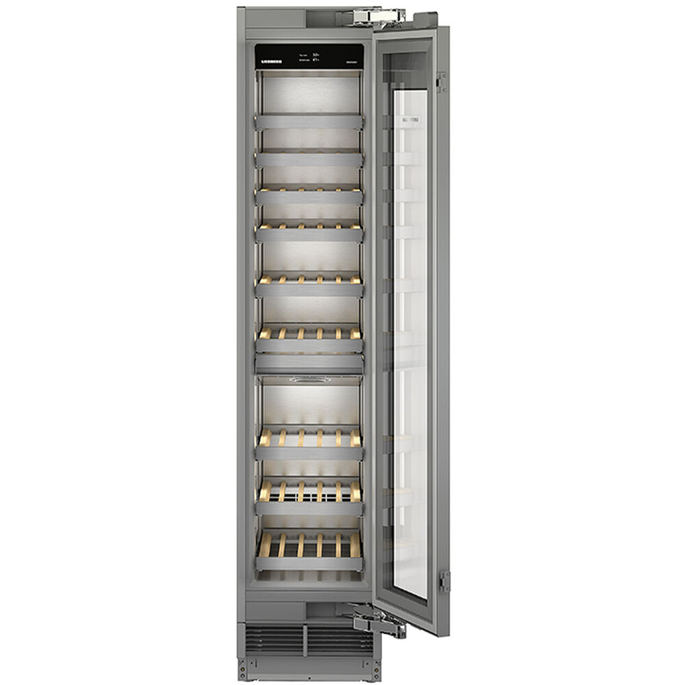 Built-in full-height wine cooler with glass door, wooden racks, and stainless steel frame for kitchen appliances collections