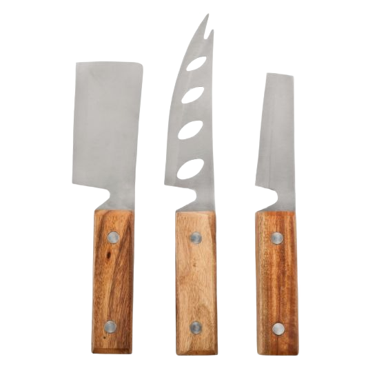 Three-piece rustic cheese knife set with stainless steel blades and wooden handles in kitchen utensils collection under $50