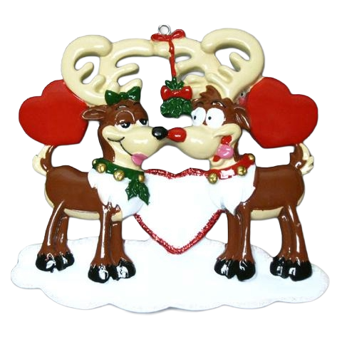 Two cartoon reindeer with red hearts and mistletoe, festive Christmas ornament from under $50 collection