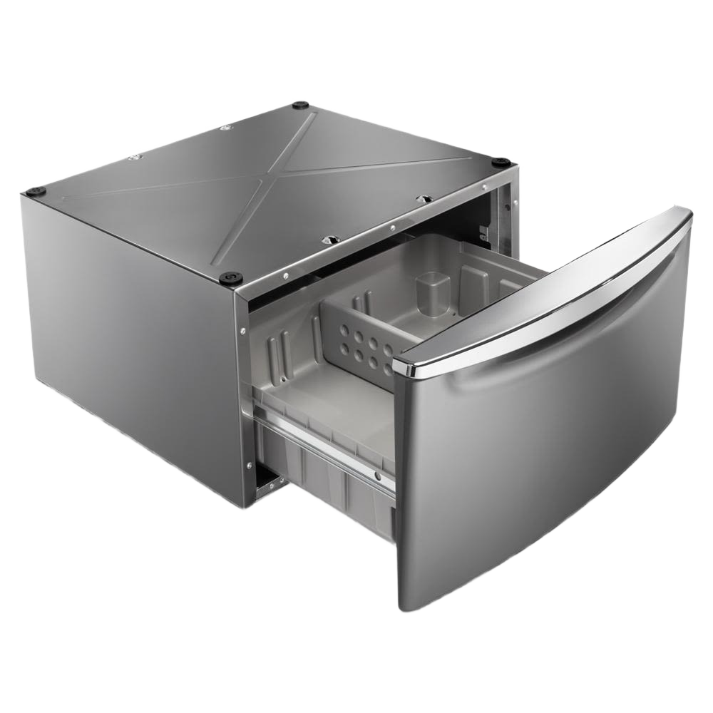 Steel pedestal drawer with smooth handle and internal compartments for laundry accessory storage and organization