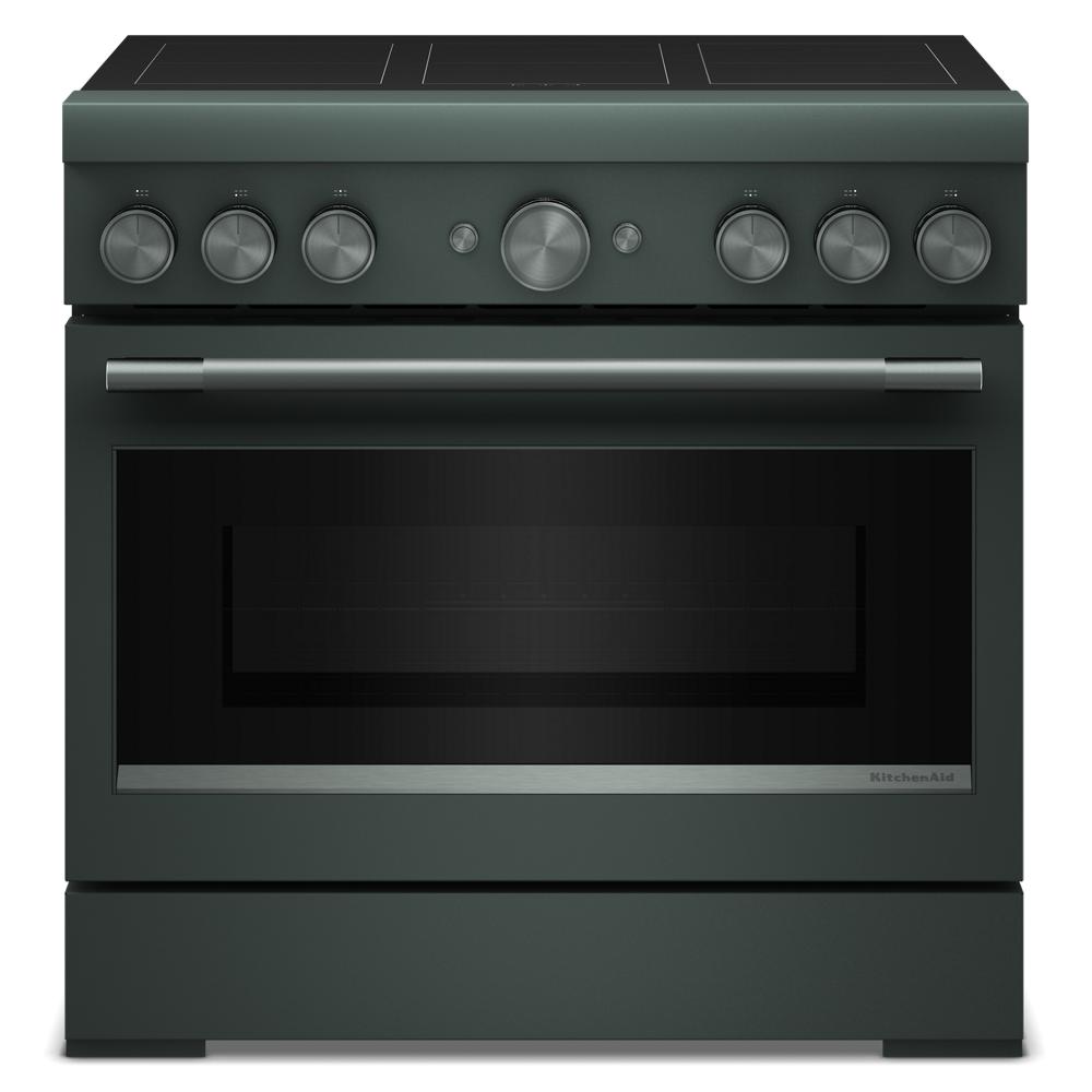 Black freestanding 36-inch commercial-style induction range with six control knobs and large oven window for home improvement tools