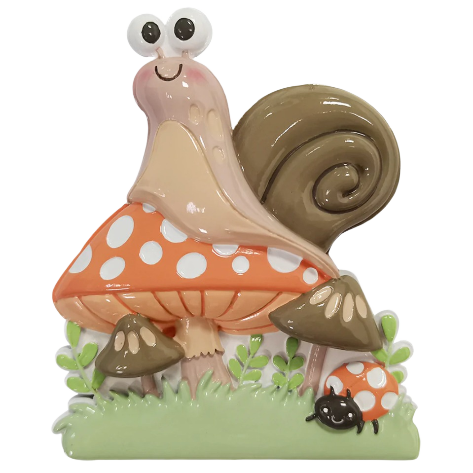 Cute ceramic snail sitting on orange and white spotted mushrooms with a ladybug from Christmas Ornaments collection under $50