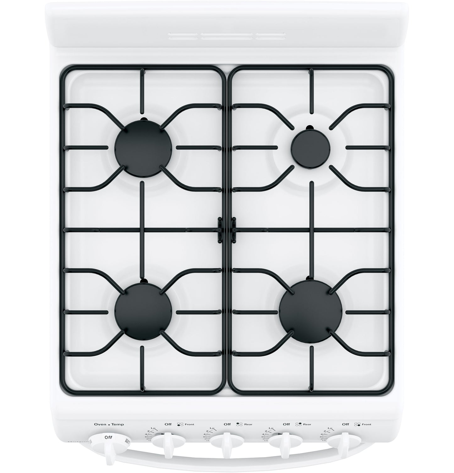 Top-down view of white front-control gas range with four sealed burners in Ranges and Kitchen & Kitchenware collections
