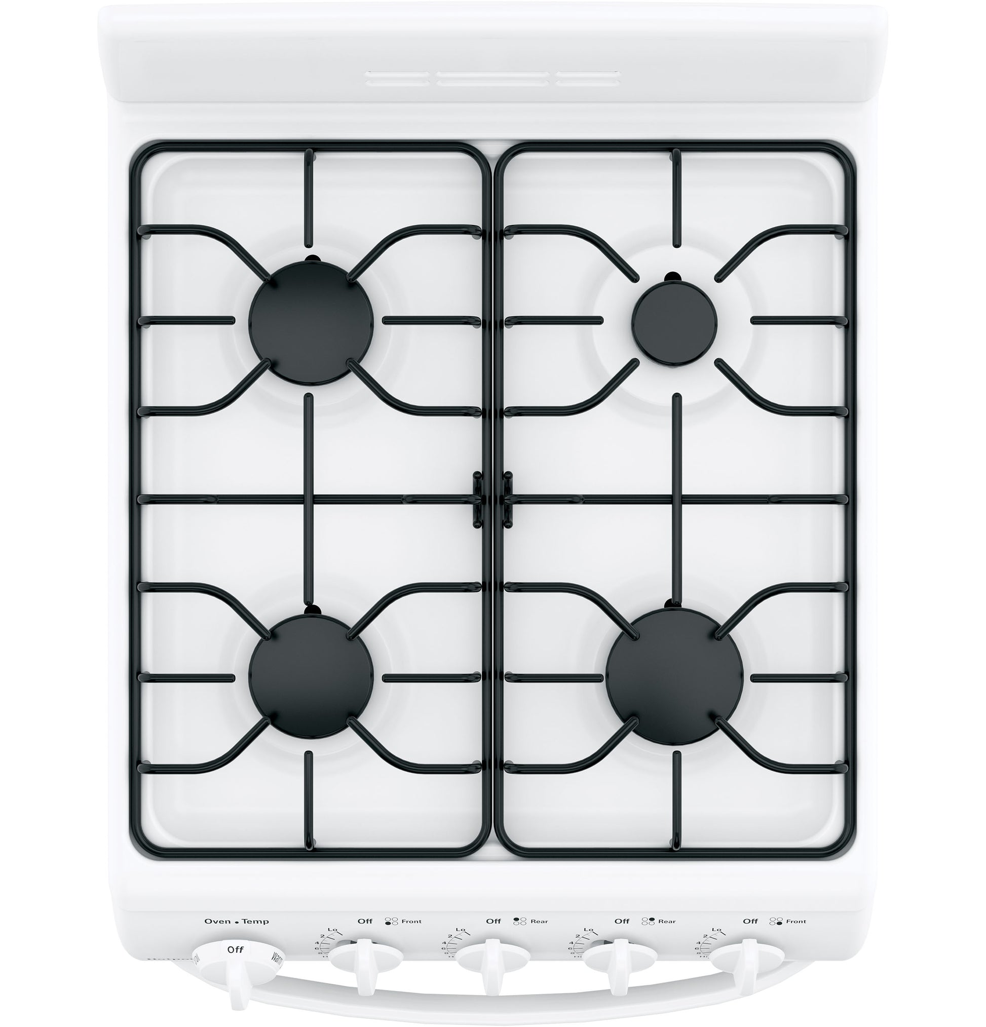 Top-down view of white front-control gas range with four sealed burners in Ranges and Kitchen & Kitchenware collections