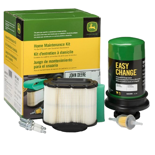 Green and yellow branded home maintenance kit packaging with filters and spark plug for outdoor equipment upkeep