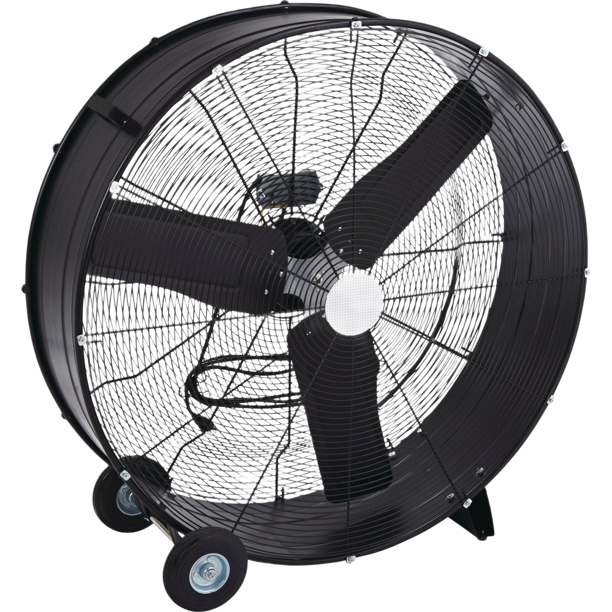 Large industrial drum fan with metal housing and protective grill on wheels for portable home improvement use