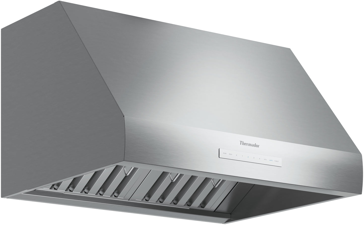Stainless steel wall-mounted kitchen hood with sleek design and automatic fan speed settings from Thermador Appliances collection