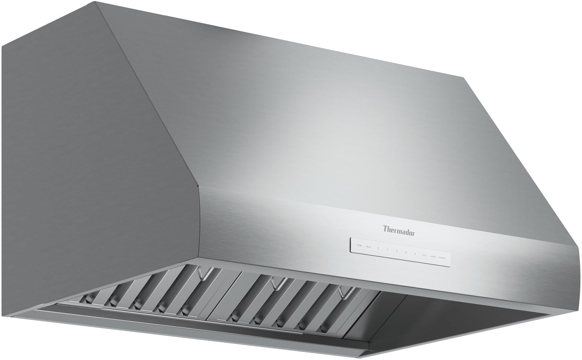 Stainless steel wall-mounted kitchen hood with sleek design and automatic fan speed settings from Thermador Appliances collection