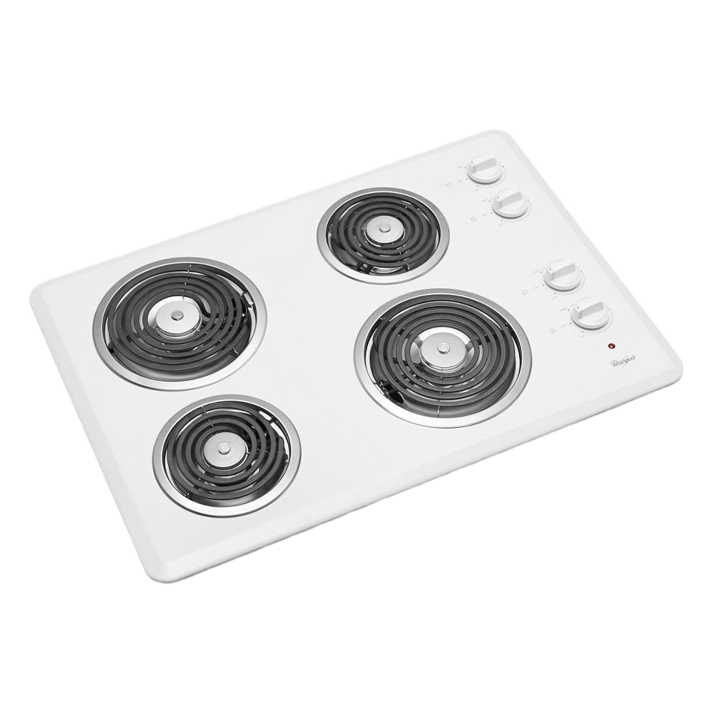 White Whirlpool electric cooktop with four coil burners and control knobs in kitchen appliance collections