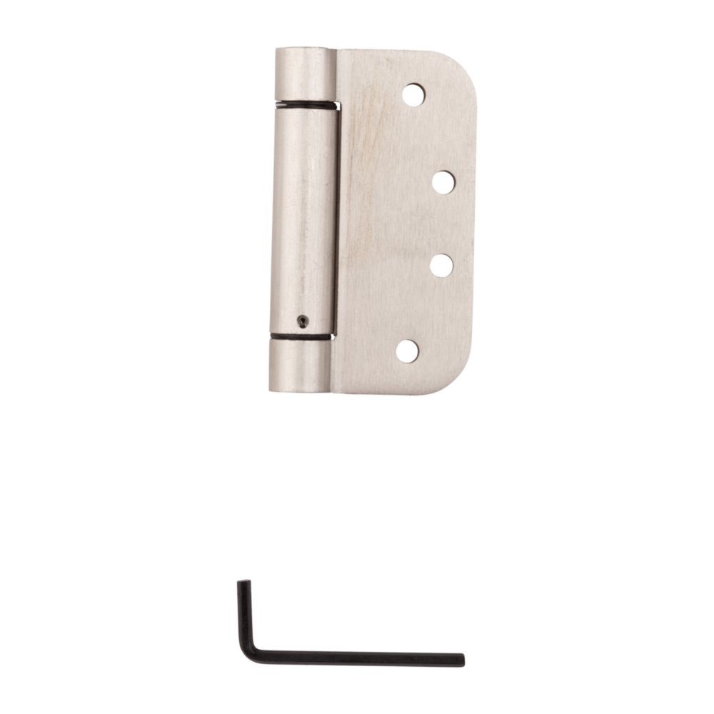 Satin nickel spring door hinge with 5/8-inch rounded corners and included hex key for home improvement projects
