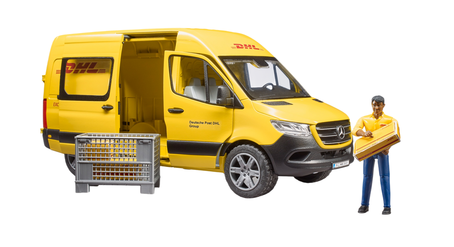 Yellow DHL delivery van toy with opening side door and driver figure for Bruder Toys in Vehicles & Remote Controlled Toys collection