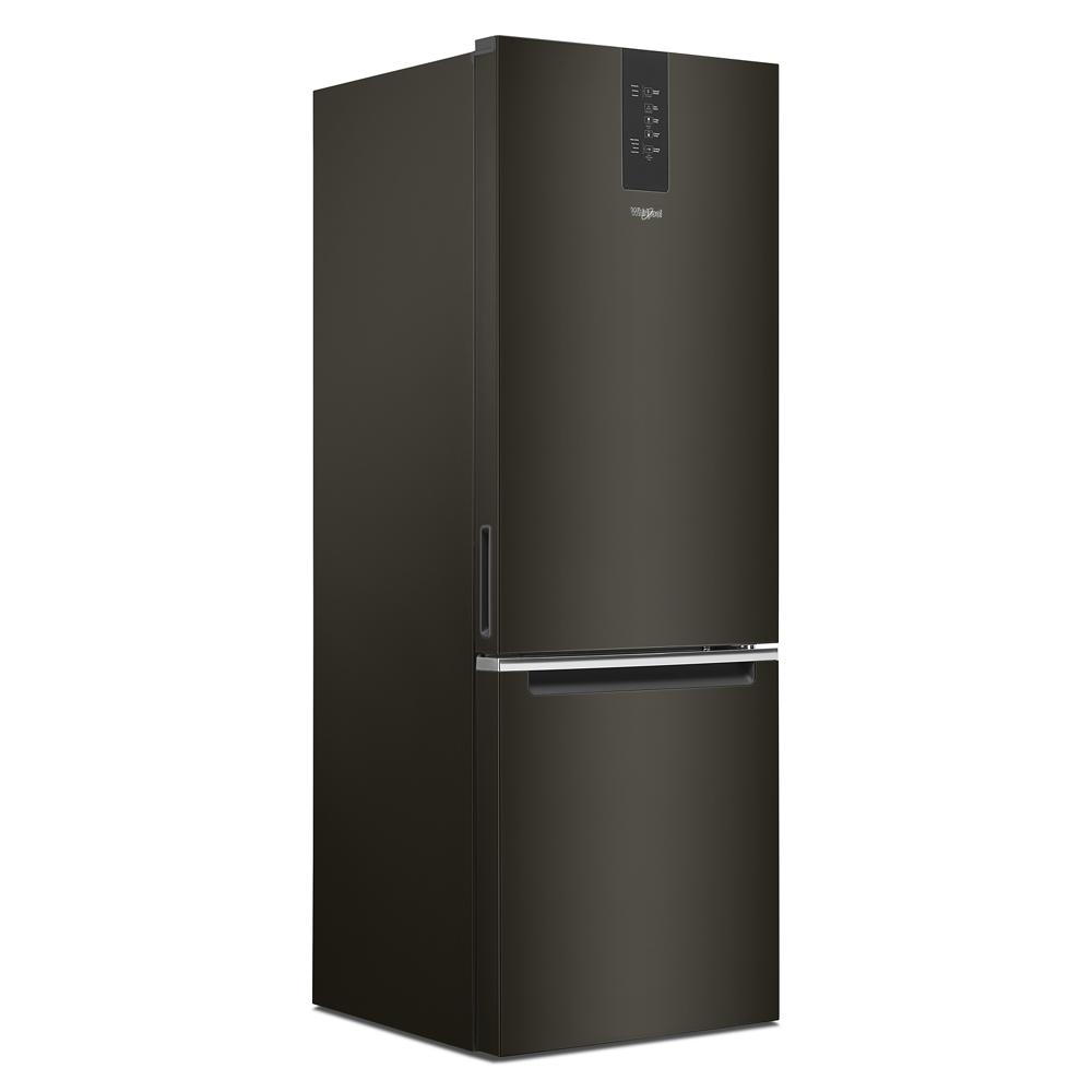 Matte black bottom-freezer refrigerator with digital touch controls, suitable for kitchen and appliance collections