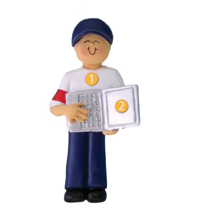 Smiling figure ornament in blue cap holding an open laptop, part of Christmas Ornaments & Tree Decorations under $50 collection