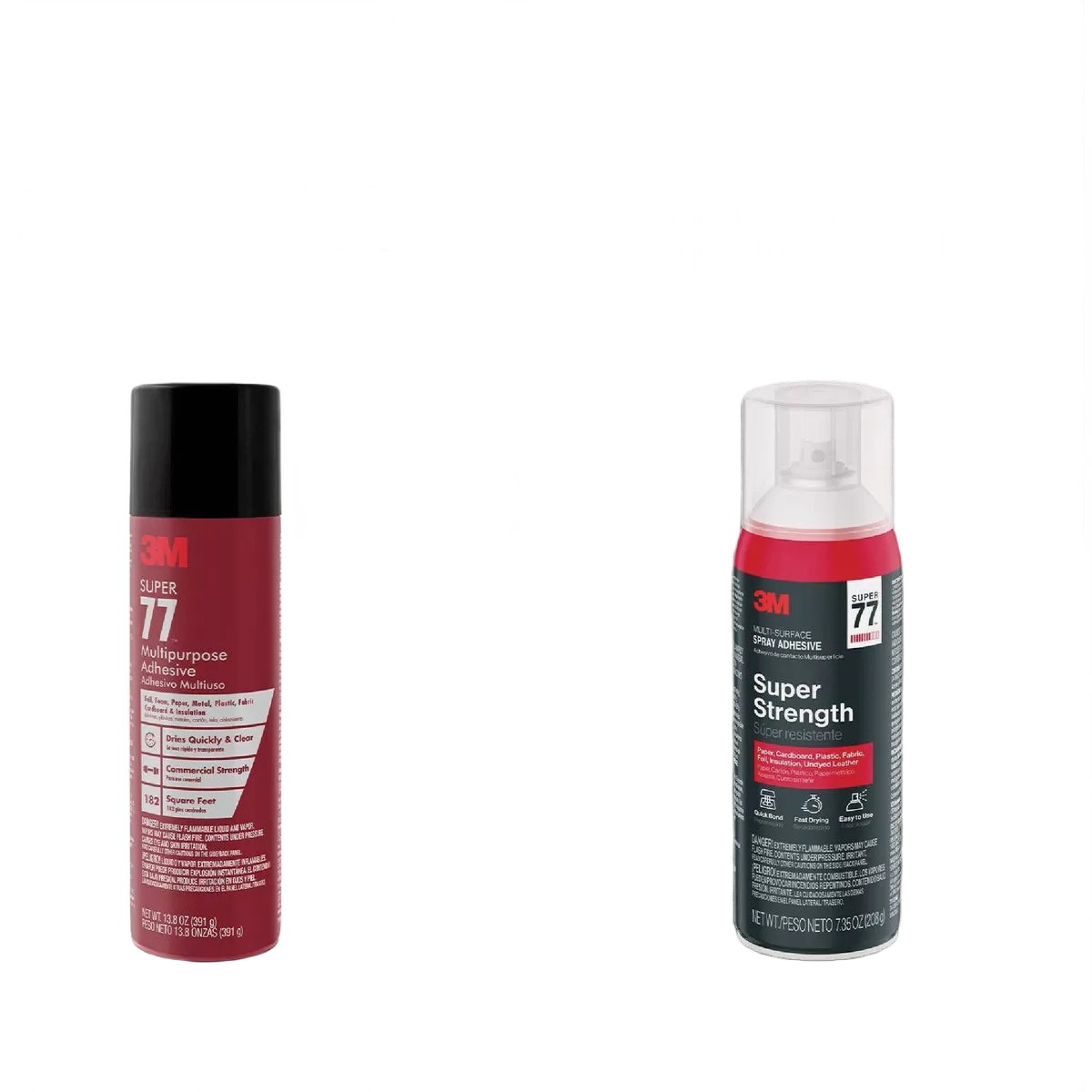 Two red and black spray adhesive cans with clear caps for tools and home improvement projects