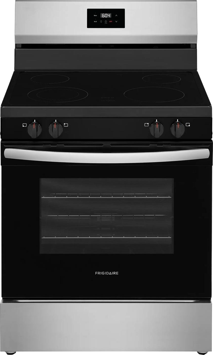 Front view of a stainless steel electric range with rear digital control panel, four radiant burners, and large oven window, in Ranges and Kitchen & Kitchenware collections.