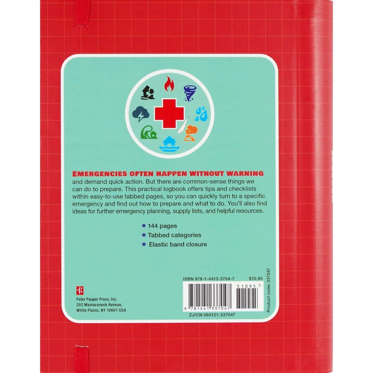 Red emergency logbook back cover with emergency icons and preparedness tips from Books and Under $50 collections