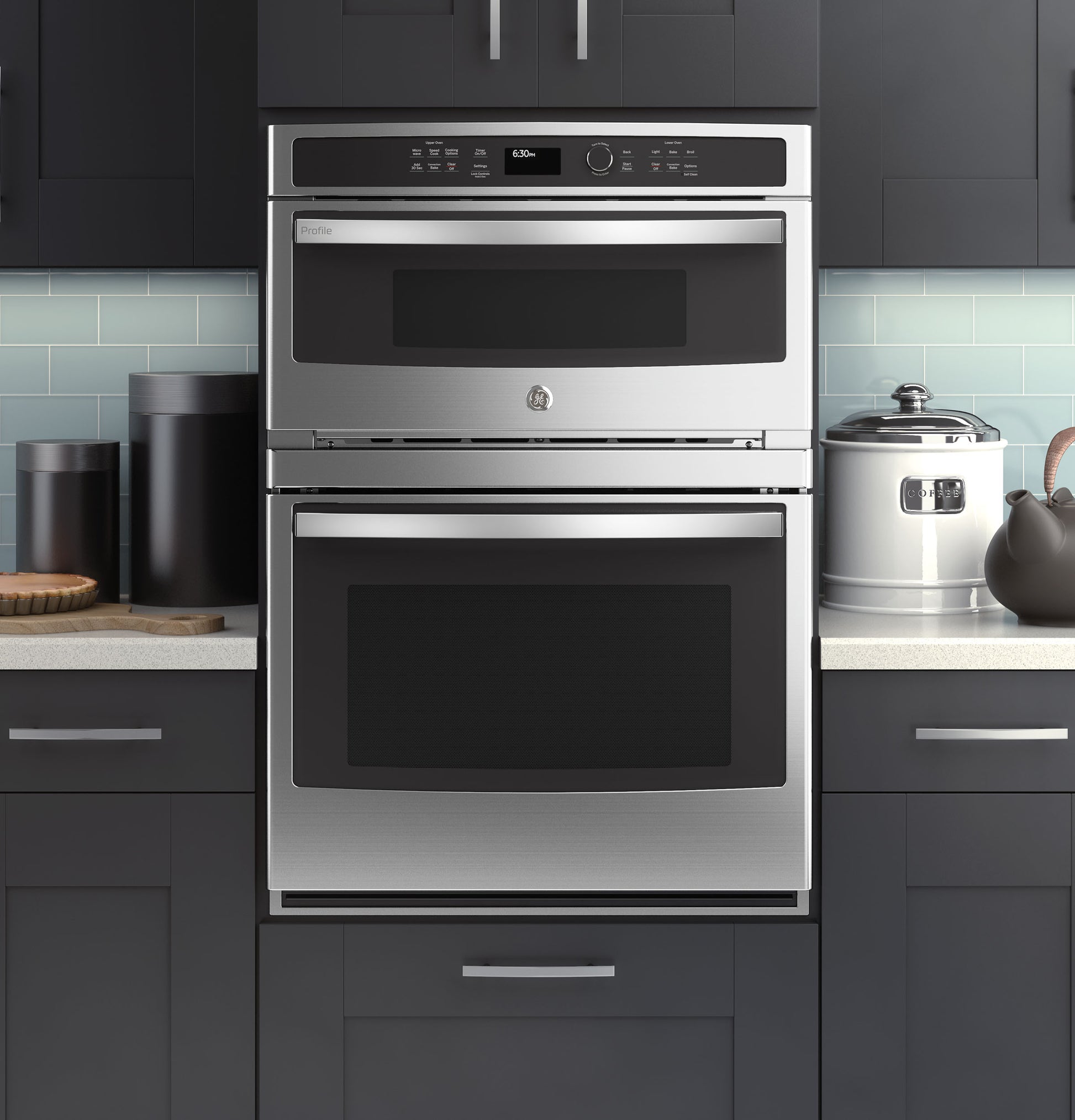 30-inch stainless steel combination double wall oven with digital controls in modern kitchen setting