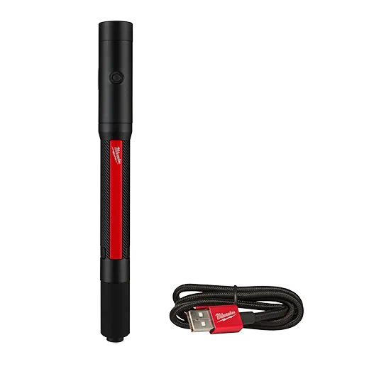 Black and red rechargeable penlight with laser and braided USB charging cable for tools and home improvement use
