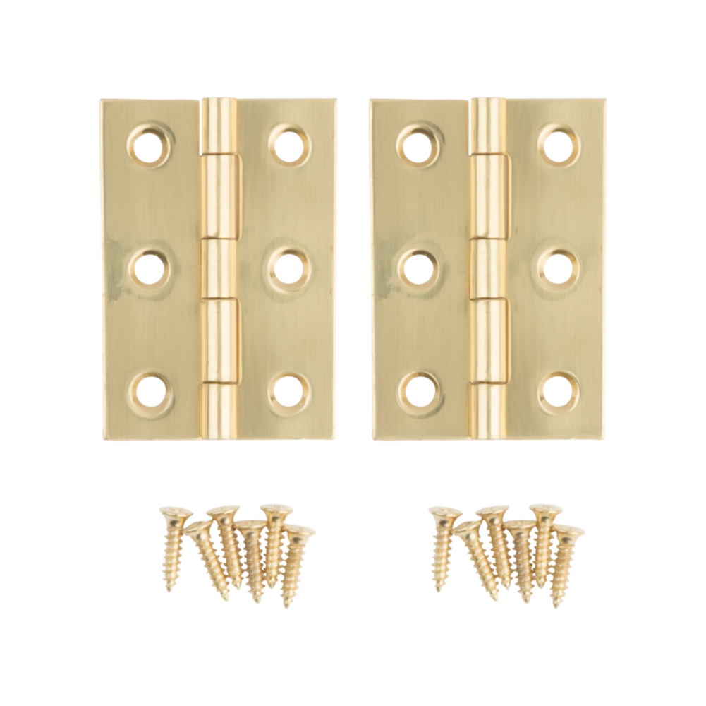 Two brass medium decorative hinges with six mounting holes each and matching brass screws for home improvement projects