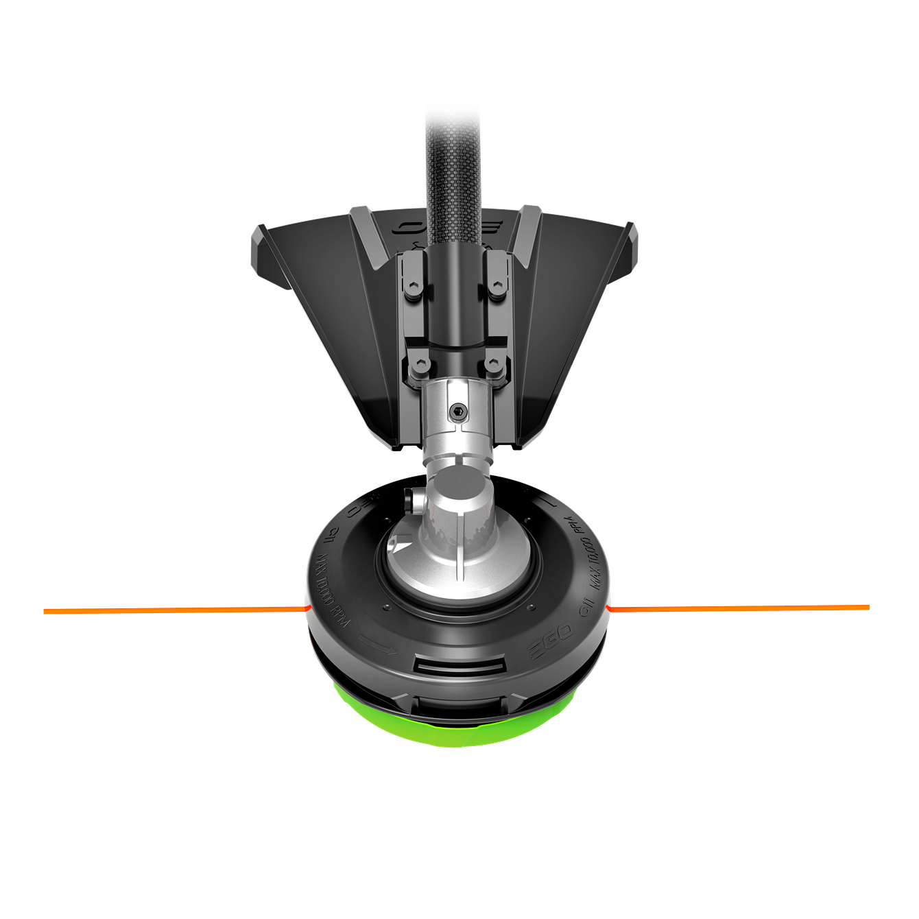 Commercial-grade string trimmer head with dual orange cutting lines for outdoor power and lawn care equipment