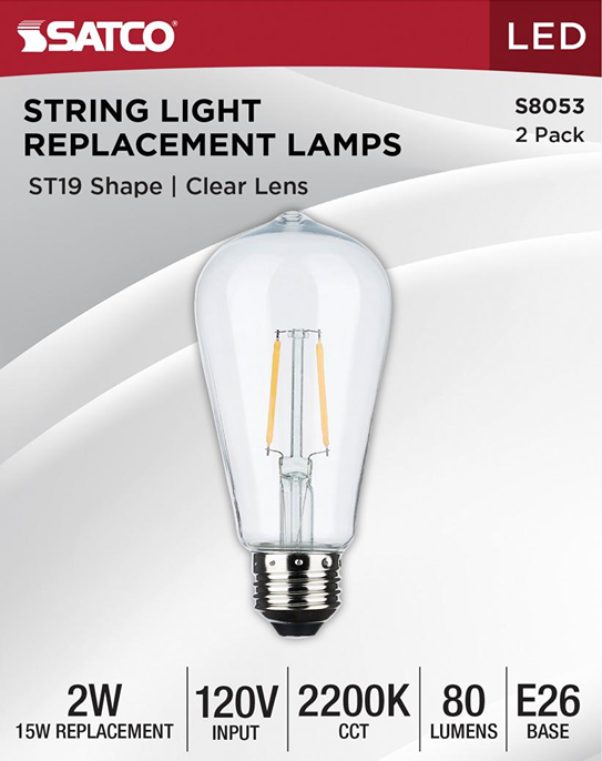Clear ST19 LED bulb with filament design, 2-watt energy-efficient replacement for string lights and home improvement use