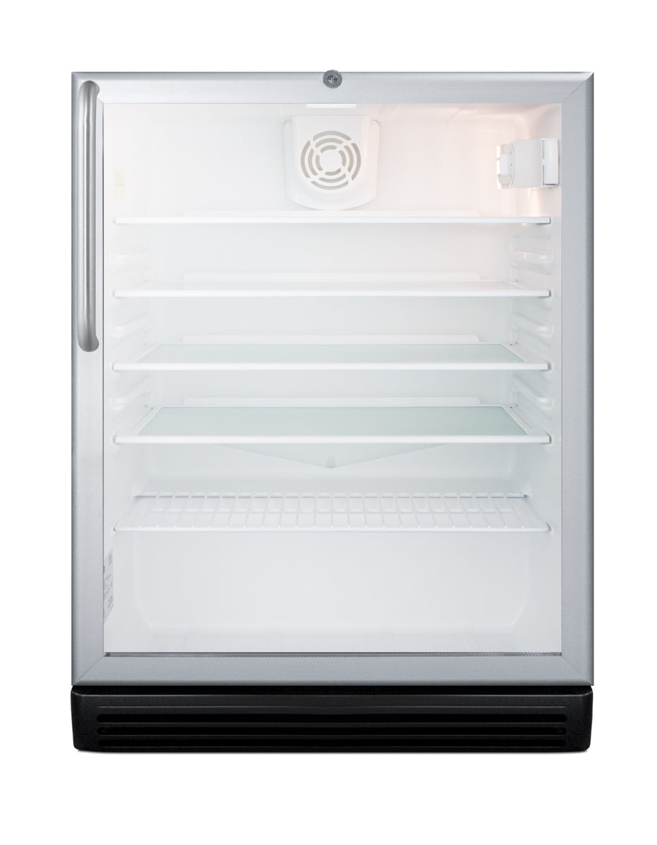 Empty built-in beverage center with glass door, adjustable shelves, and interior light in kitchen appliances collection