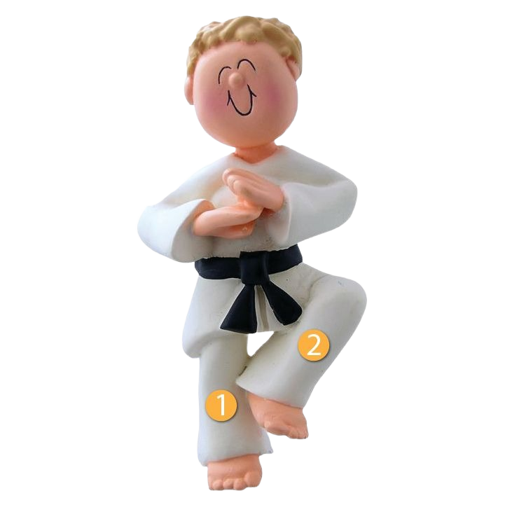 Whimsical ornament of blonde male karate figure in white gi with black belt for Christmas decorations under $50 collection